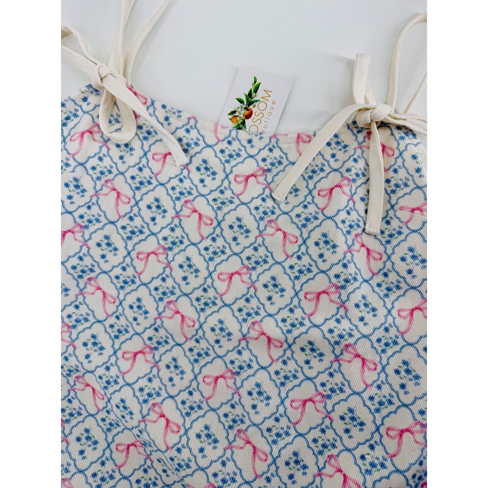 Blossom Boutique Pink Bow Blue Floral Mini Dress Tie Strap Pleated Hem Small‎